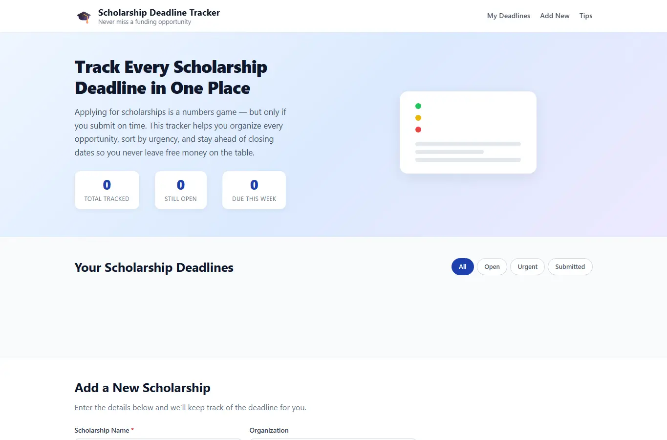Screenshot of Scholarship Deadline Tracker interface showing the project page in use